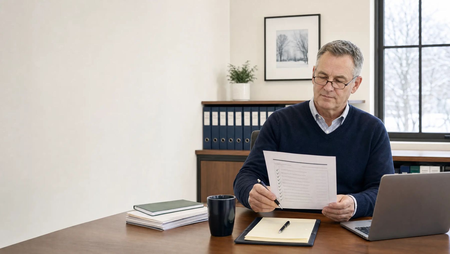 A CPA at a walnut desk reviewing a printed client document checklist beside a laptop