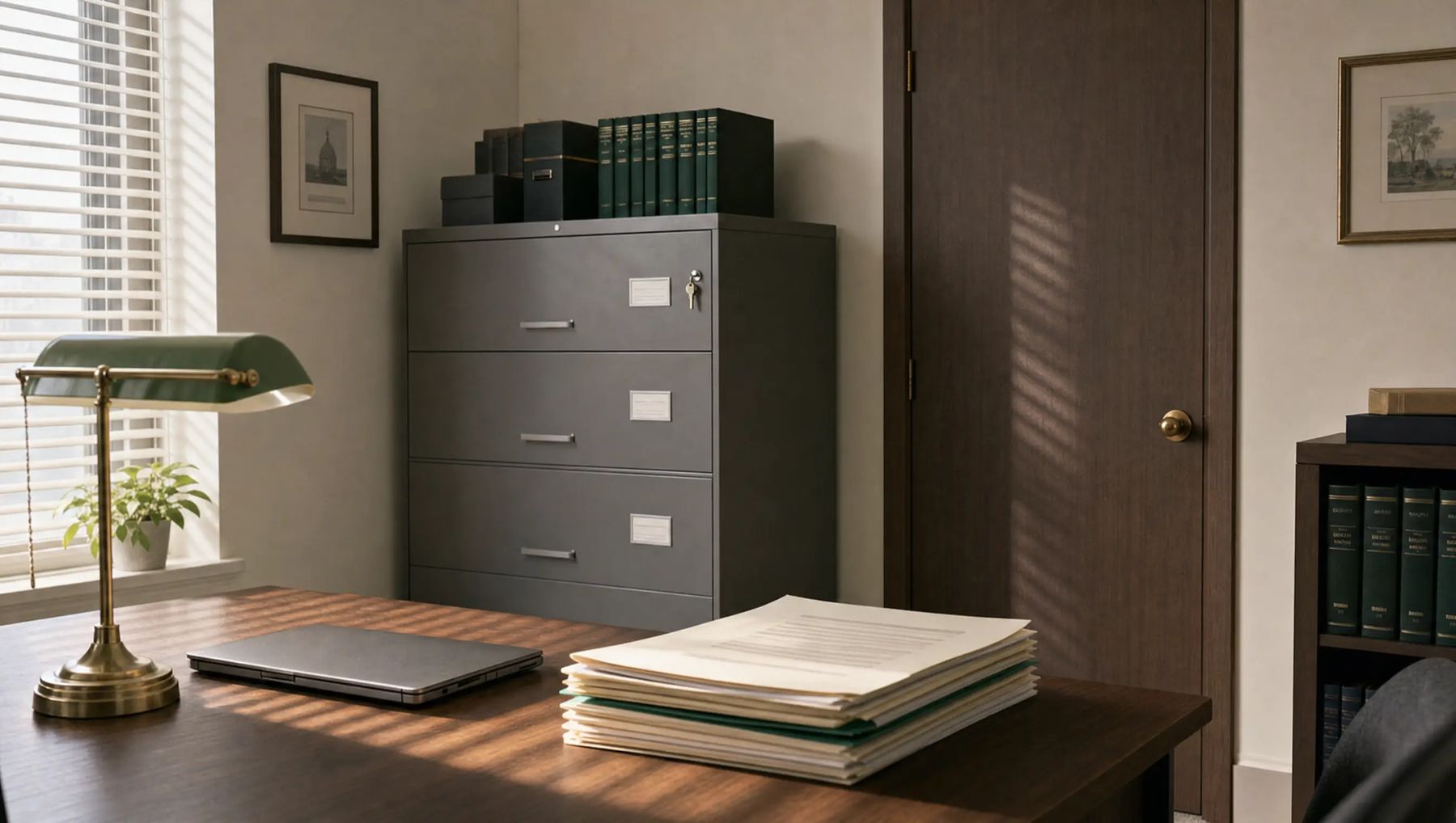 A quiet records room with a locked file cabinet and a closed office door