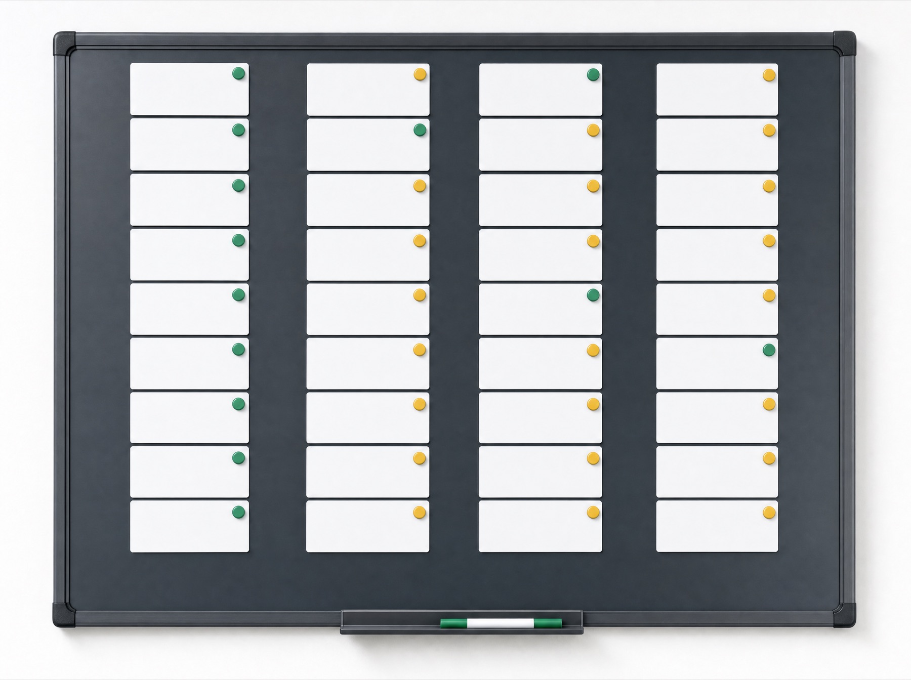 A dispatch board with tidy columns of job cards and green markers