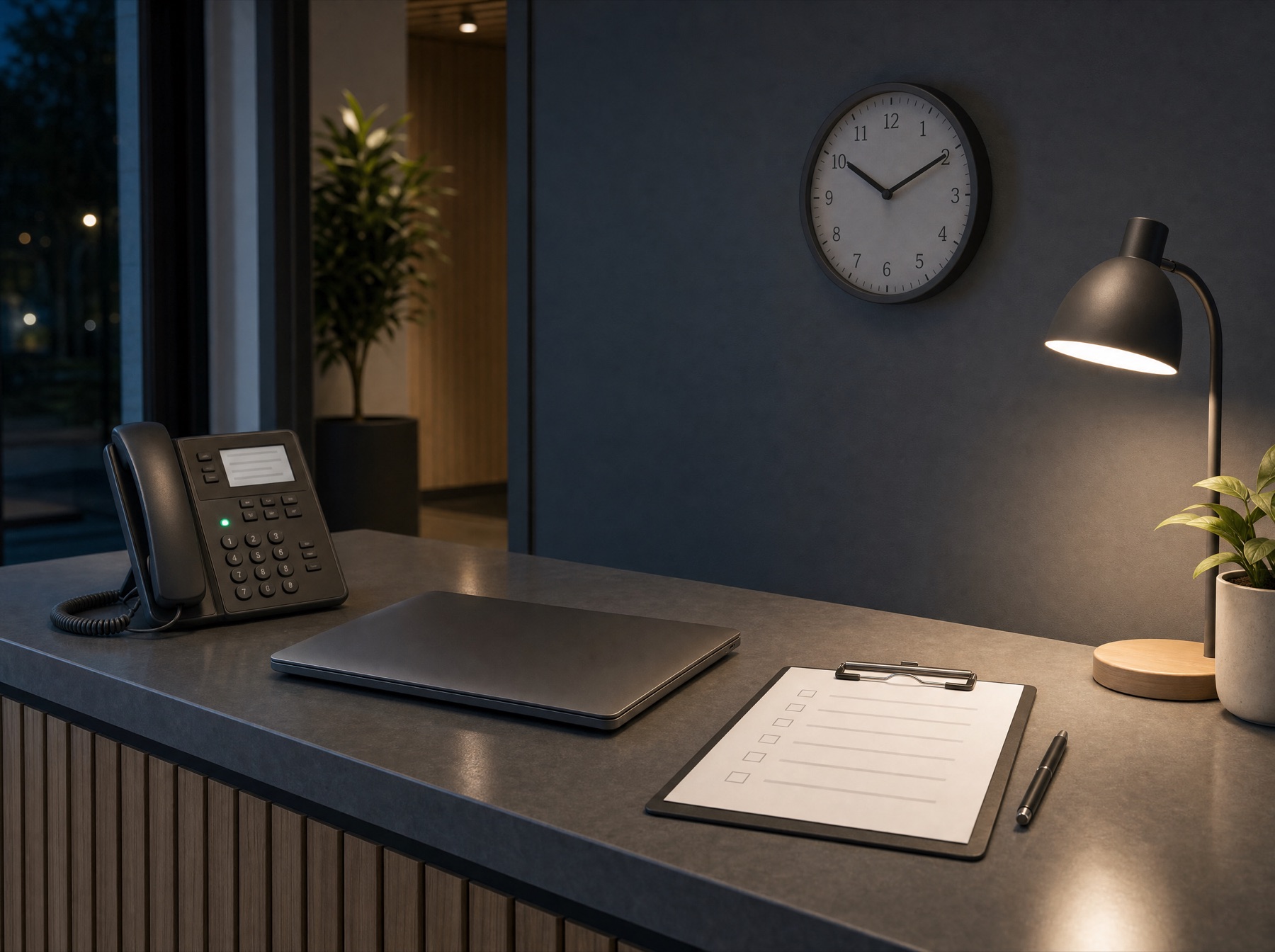 A quiet front desk after hours with a desk phone light on