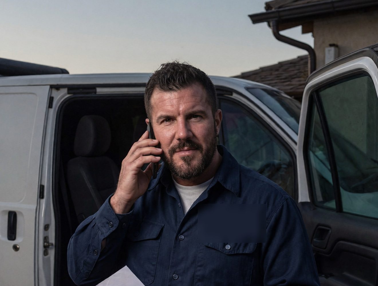 A bearded shop owner by his van taking a call at dusk