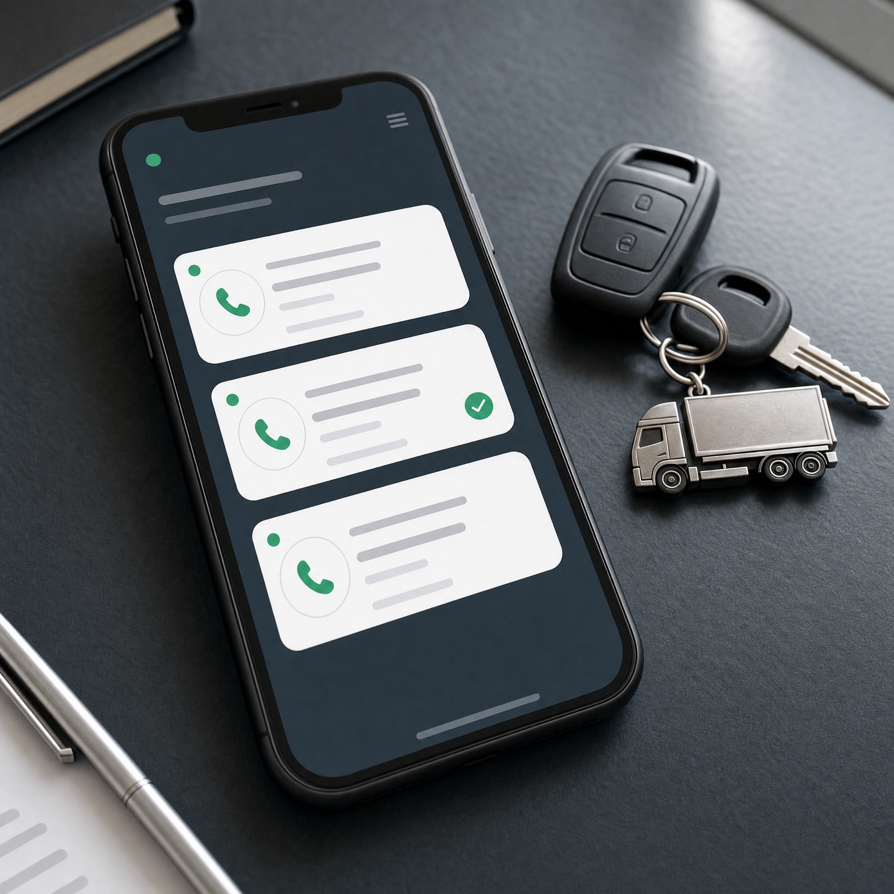 A phone on a desk showing a simple call log with green status dots
