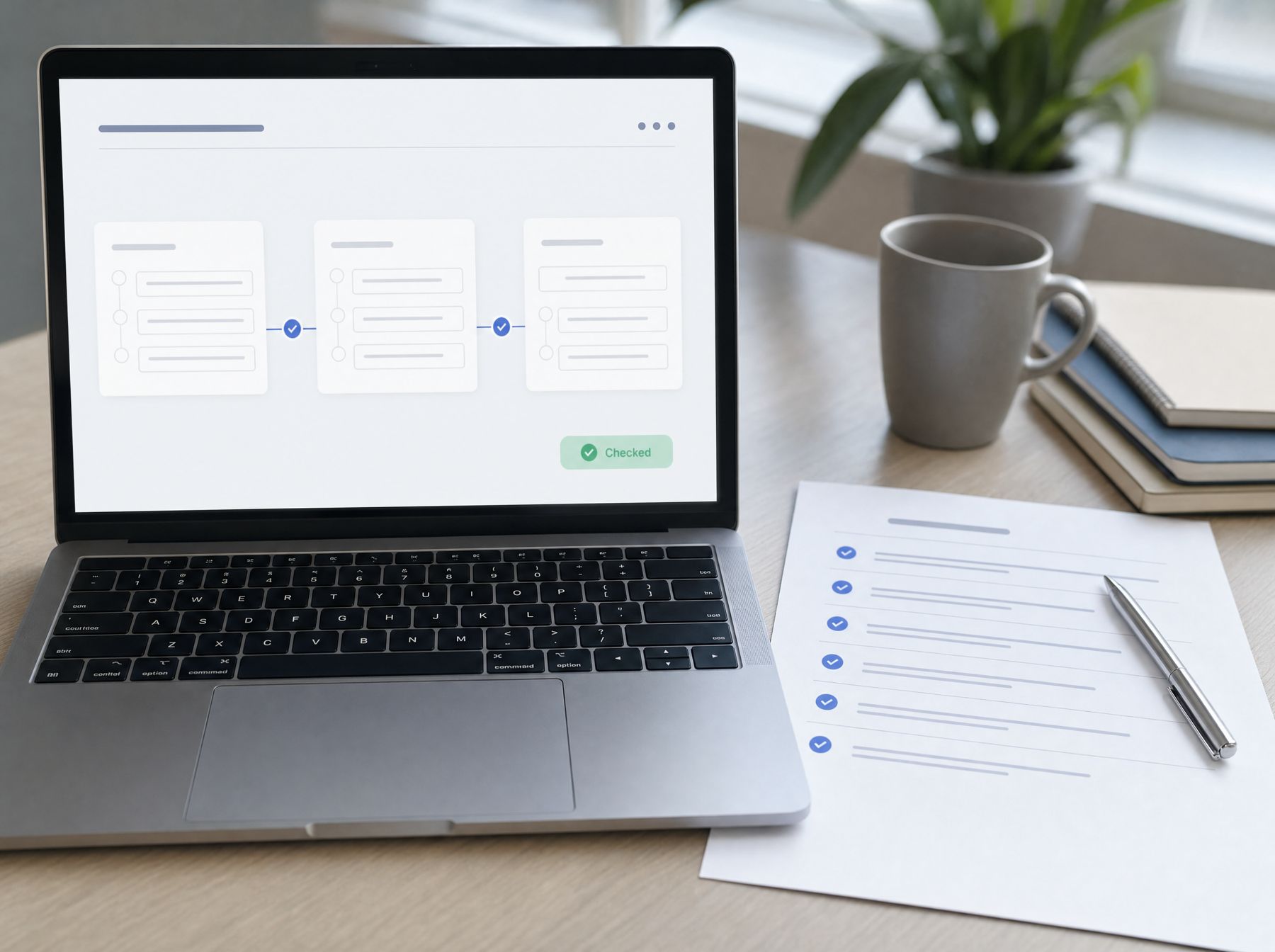 A laptop showing a simple workflow with a badge reading Checked, beside a printed checklist with every box ticked