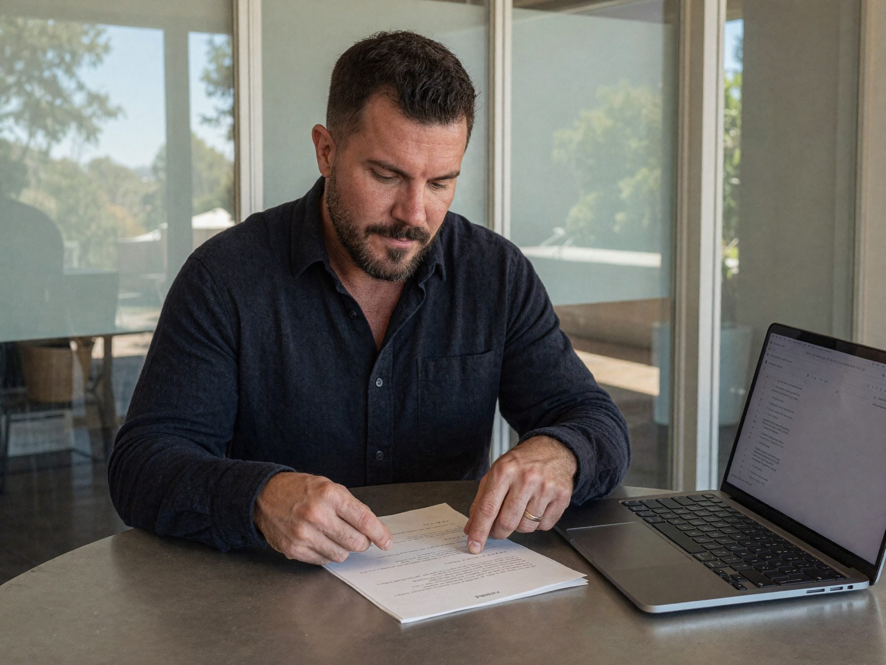 A firm owner reviewing one highlighted row on a short printed list beside his laptop