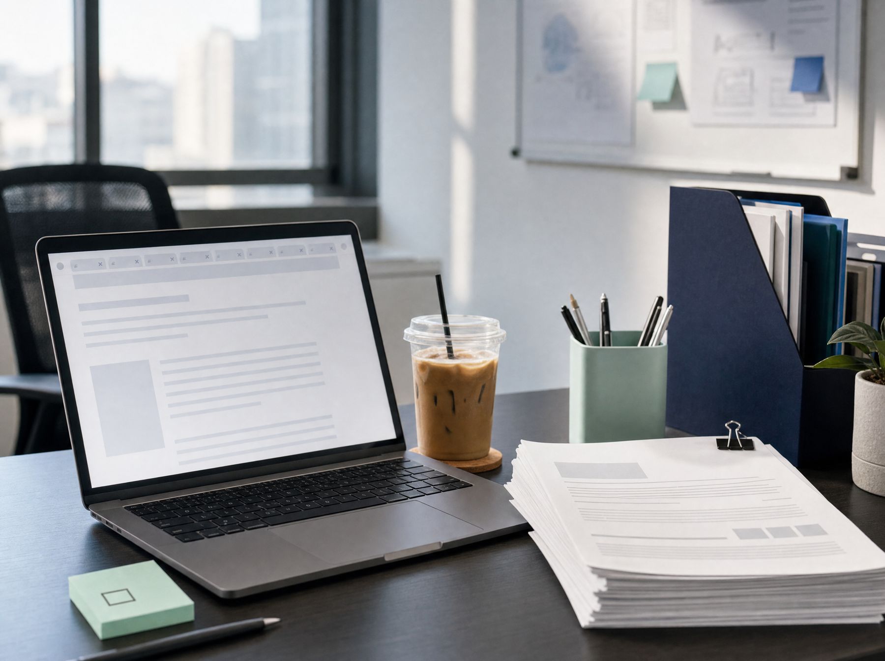 A desk with an open laptop, an unchecked sticky note and untouched printed handouts