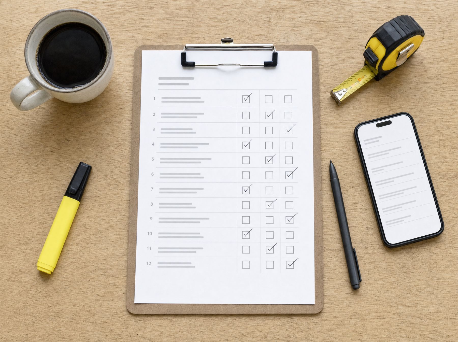 Overhead view of a clipboard with a twelve-row checklist, a smartphone, a highlighter and a tape measure on a workbench