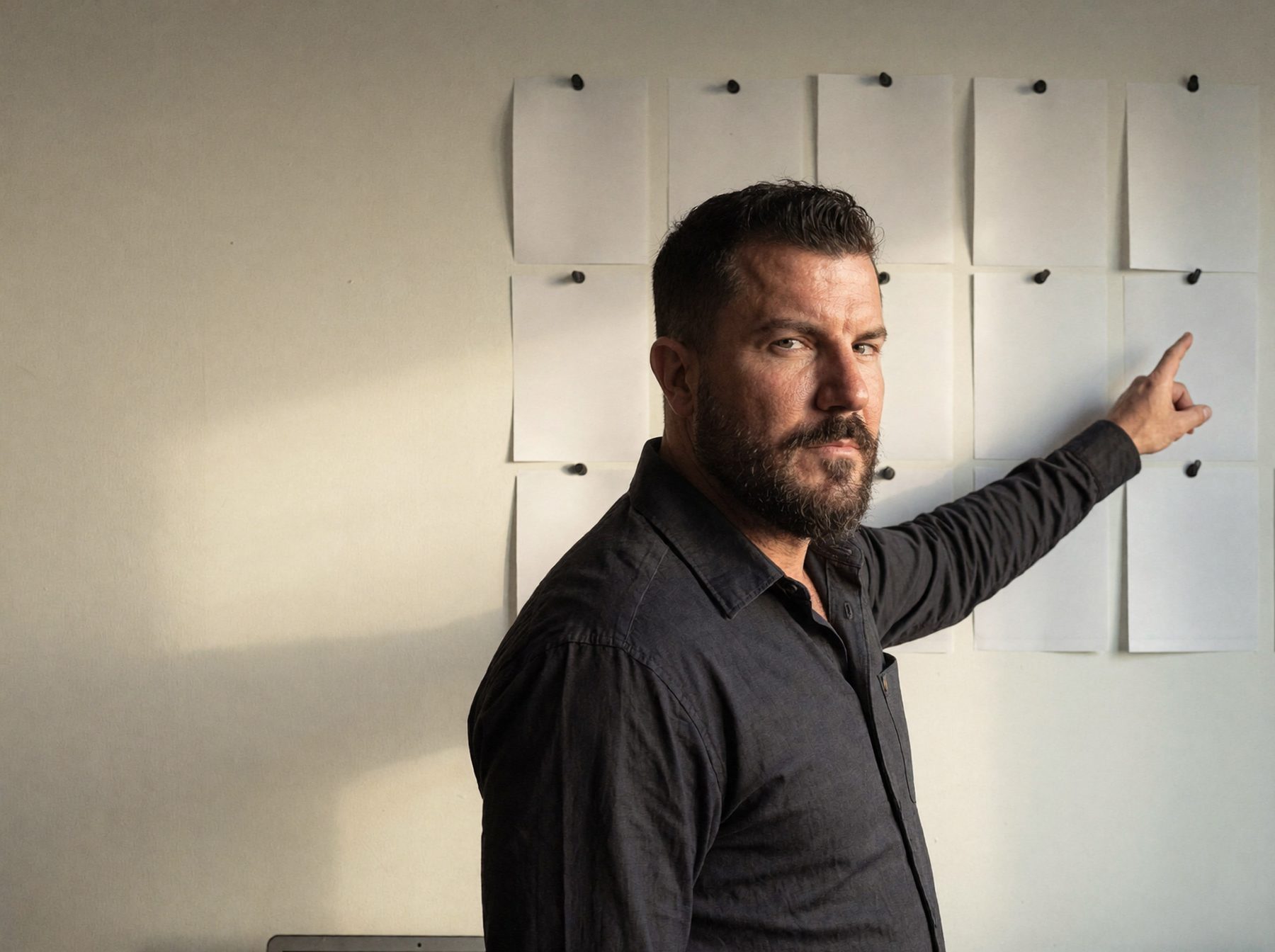 A bearded owner pointing at a wall grid of blank pages, mapping who handles each request