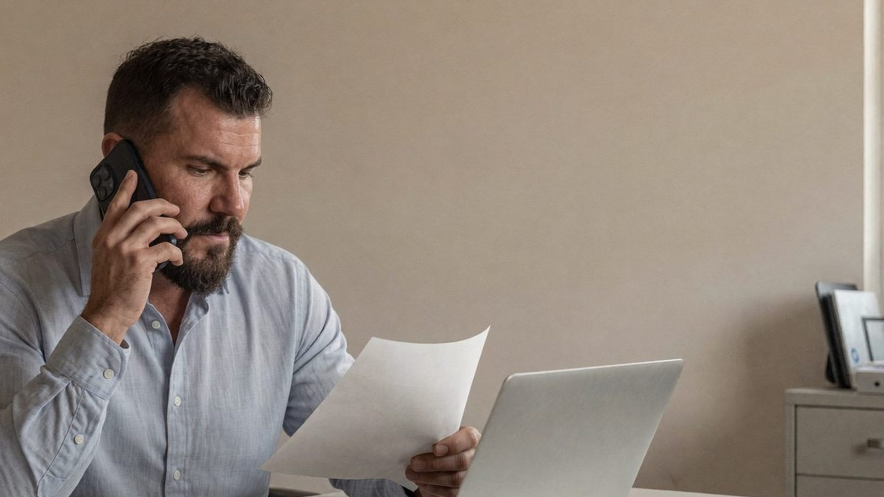 An owner at a white desk calls his own business line from a smartphone