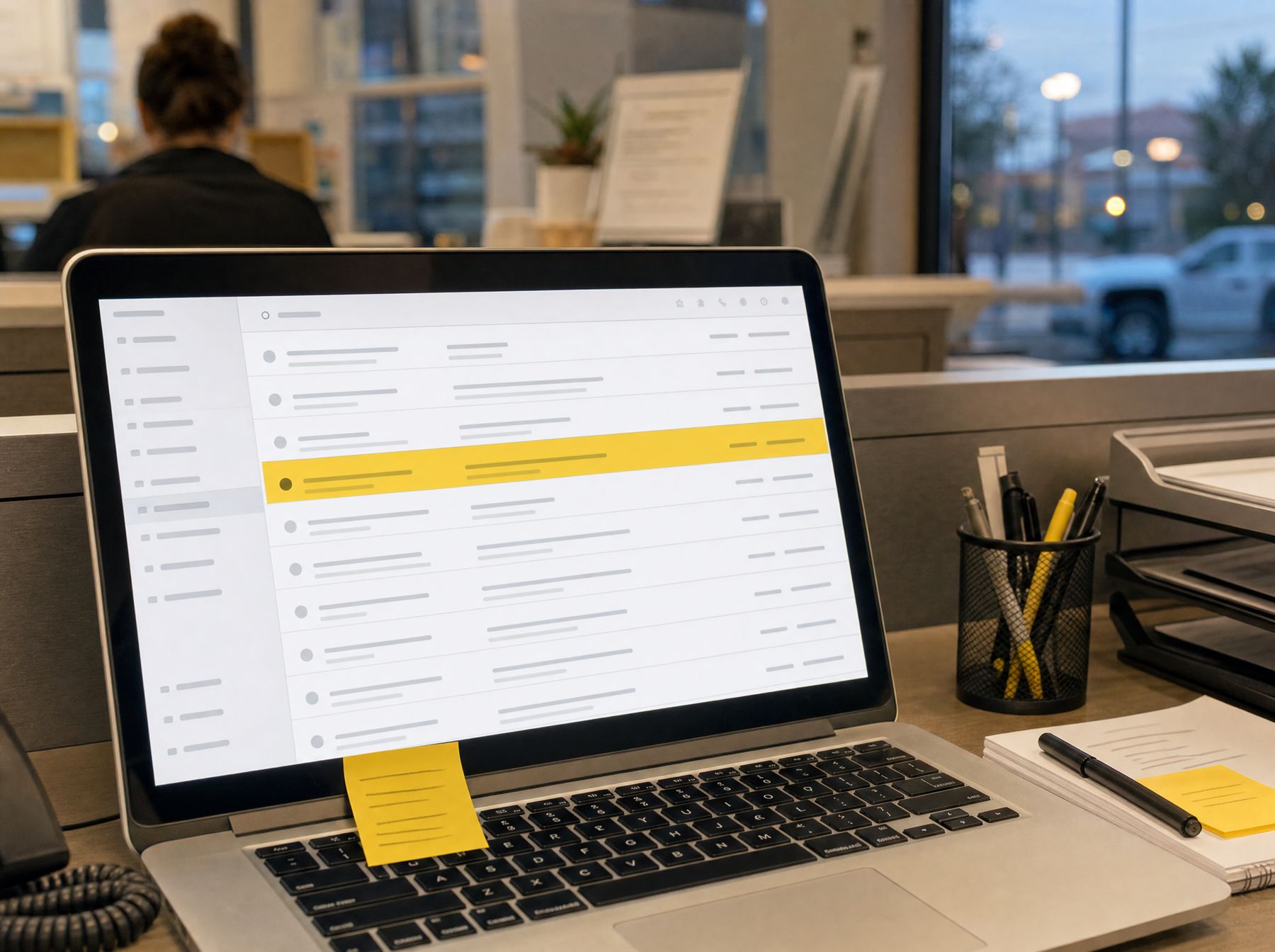 A laptop on a front-office desk showing a shared inbox with one unread message highlighted in yellow, evening light outside