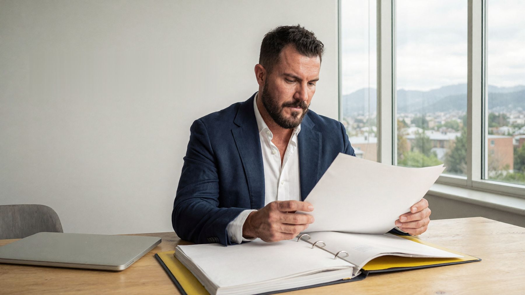 A man reviewing a bound binder at a long oak table in a quiet office with mountain views