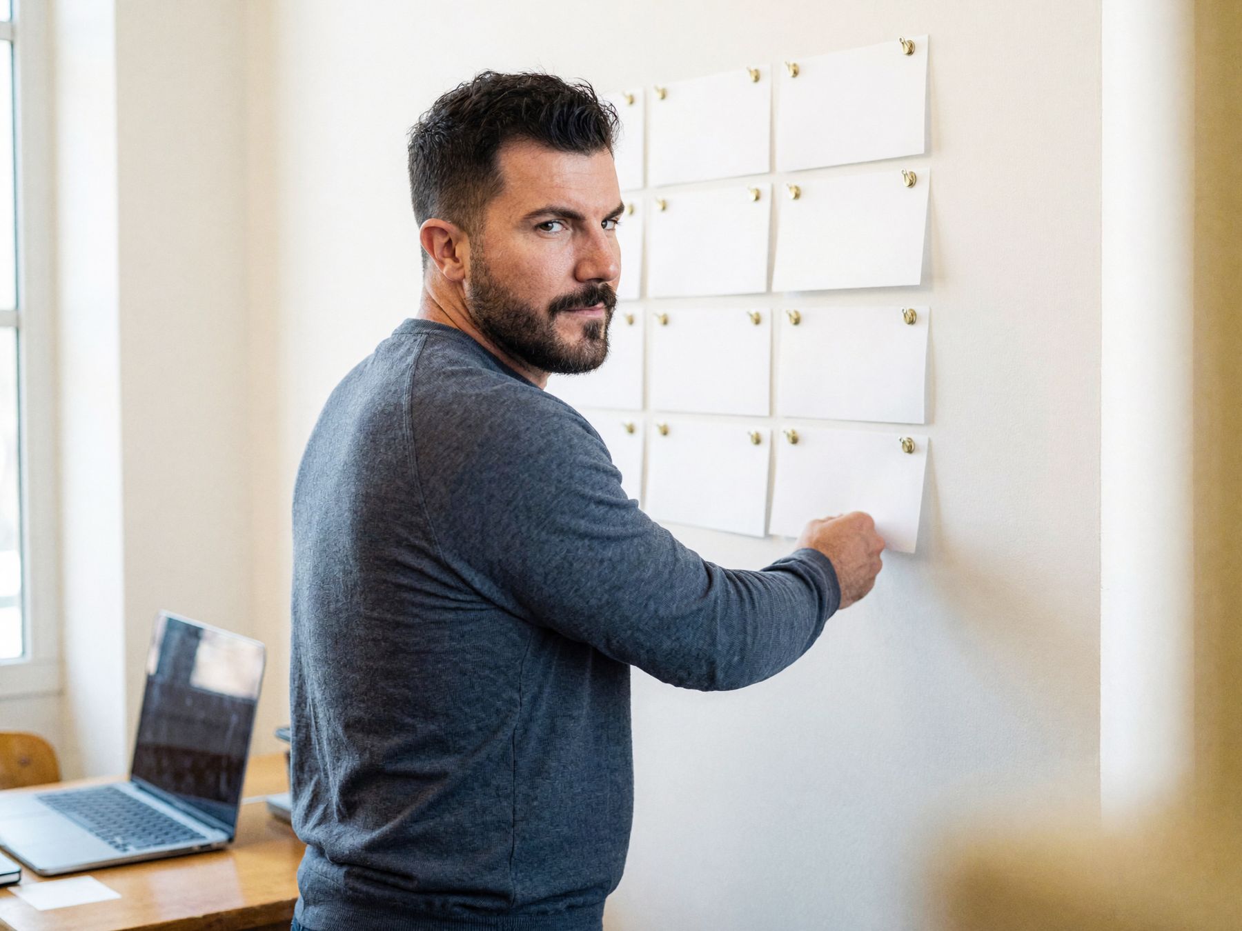 A man placing index cards in three columns on a meeting room wall