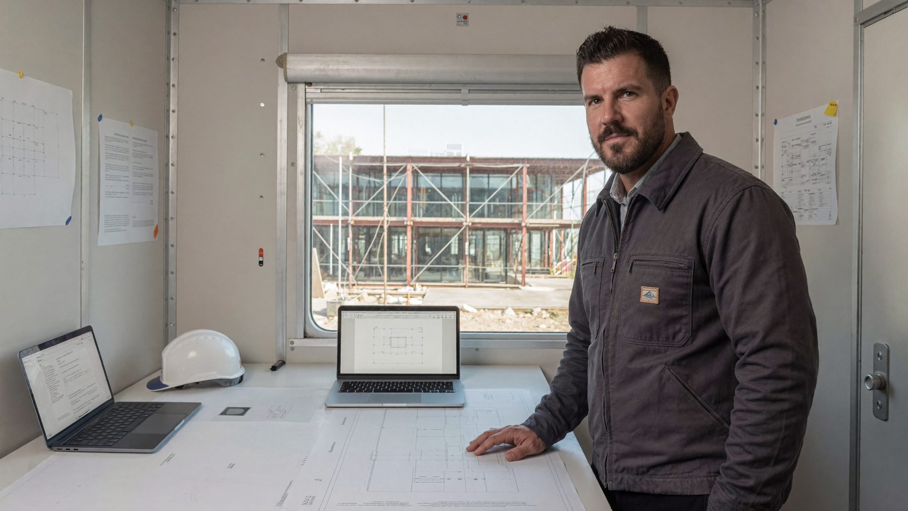 An estimator at a plan table in a jobsite trailer office