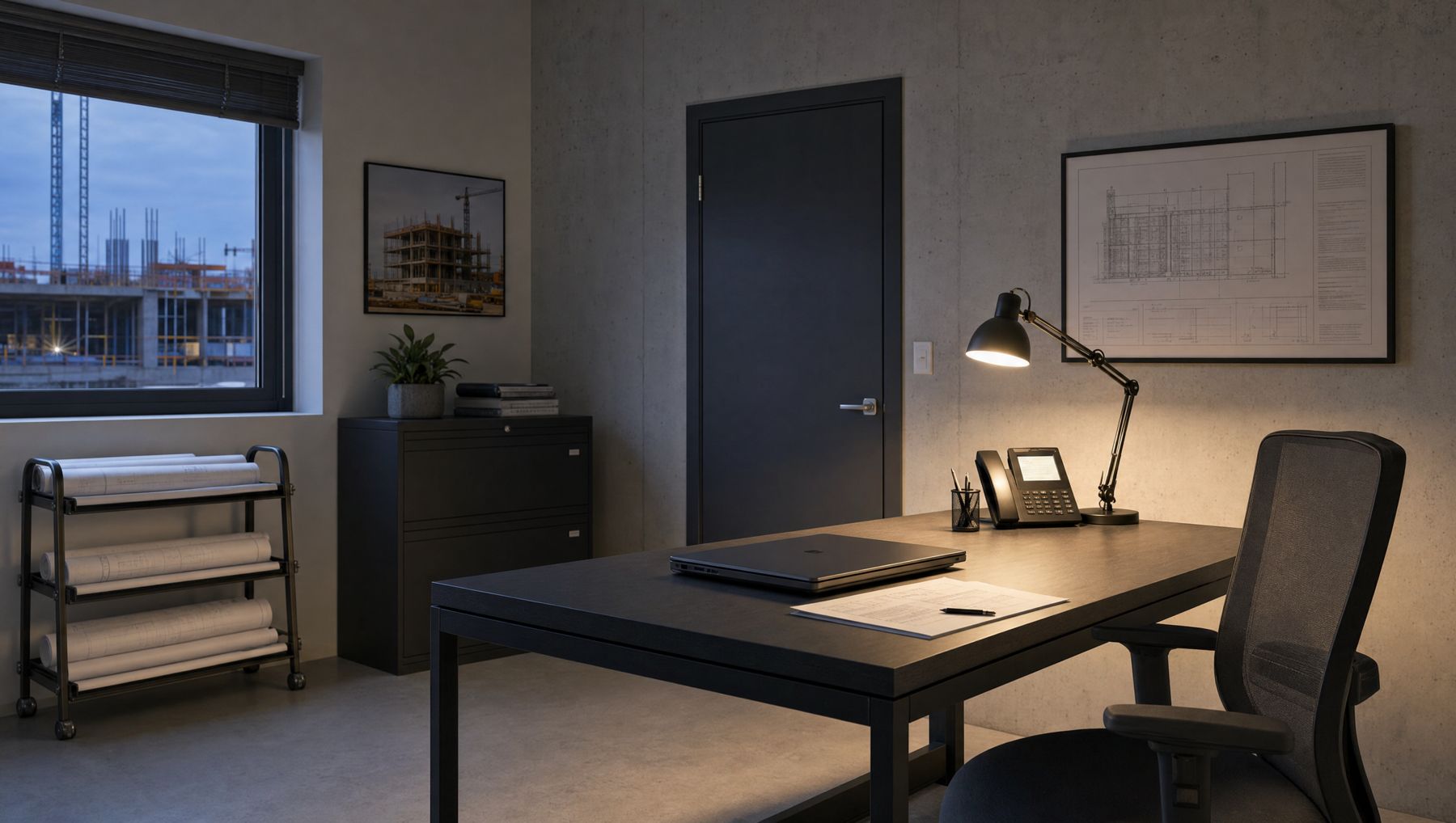 A closed private office at a construction company with a plan rack and a locked filing cabinet