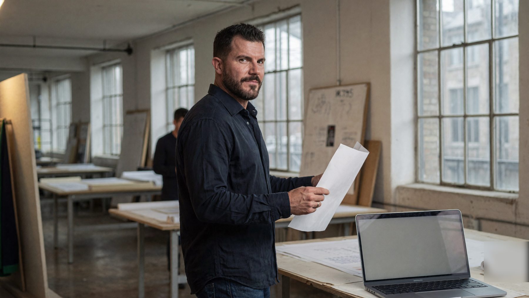 A managing partner and an engineer reviewing a printed project plan at a drafting table in a loft studio