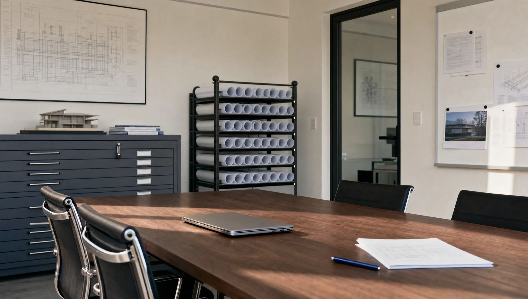 An orderly consultancy meeting room after hours with a closed laptop, flat-file cabinets and a closed glass door