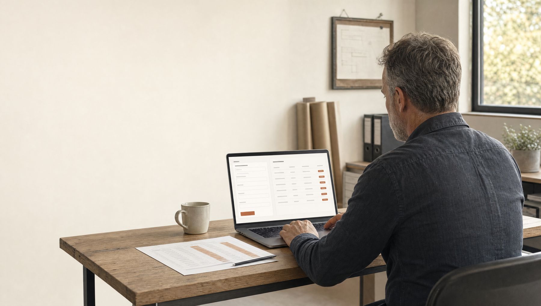 An owner at a desk with a laptop showing a simple job list app