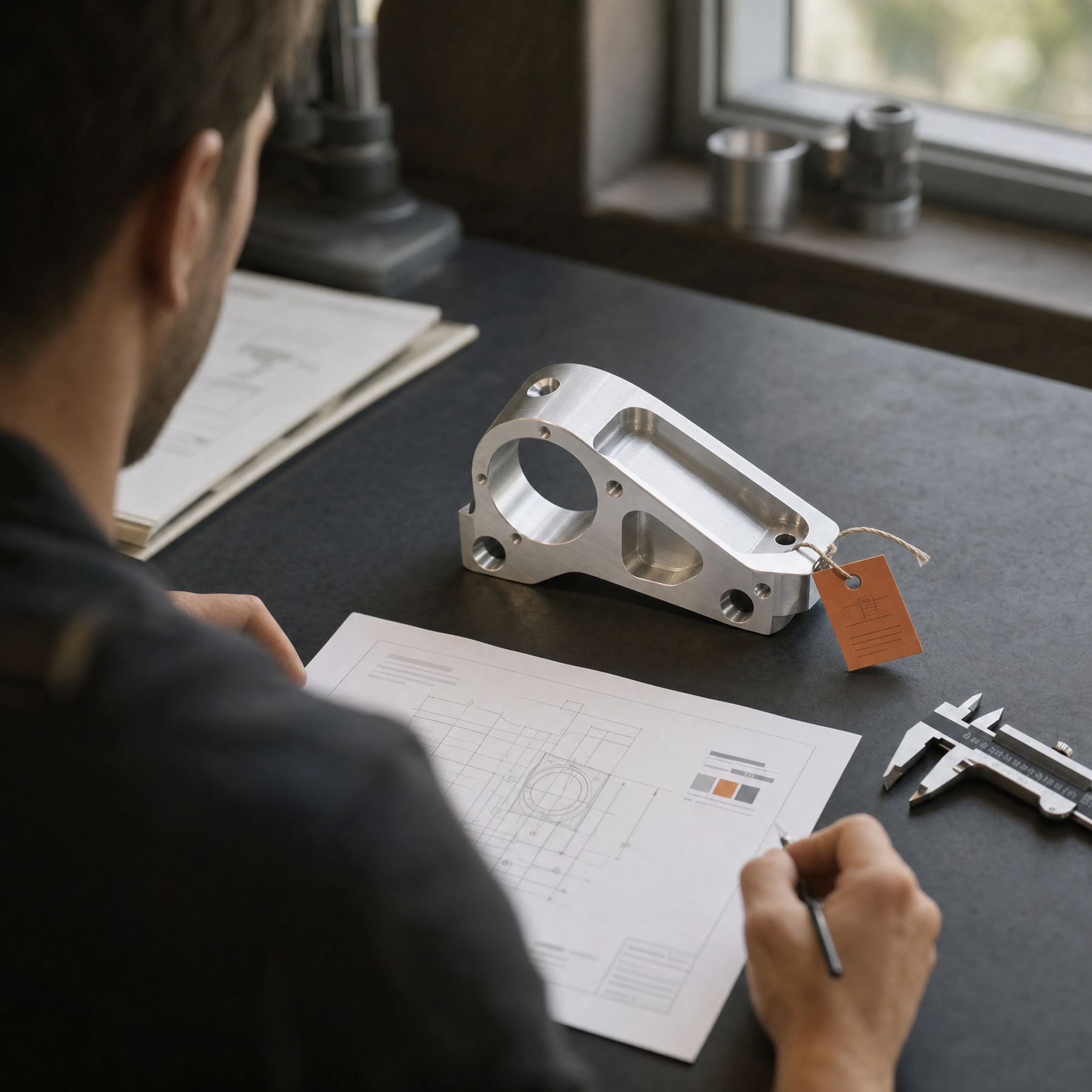A precision-machined part on a workbench beside a caliper and a technical drawing