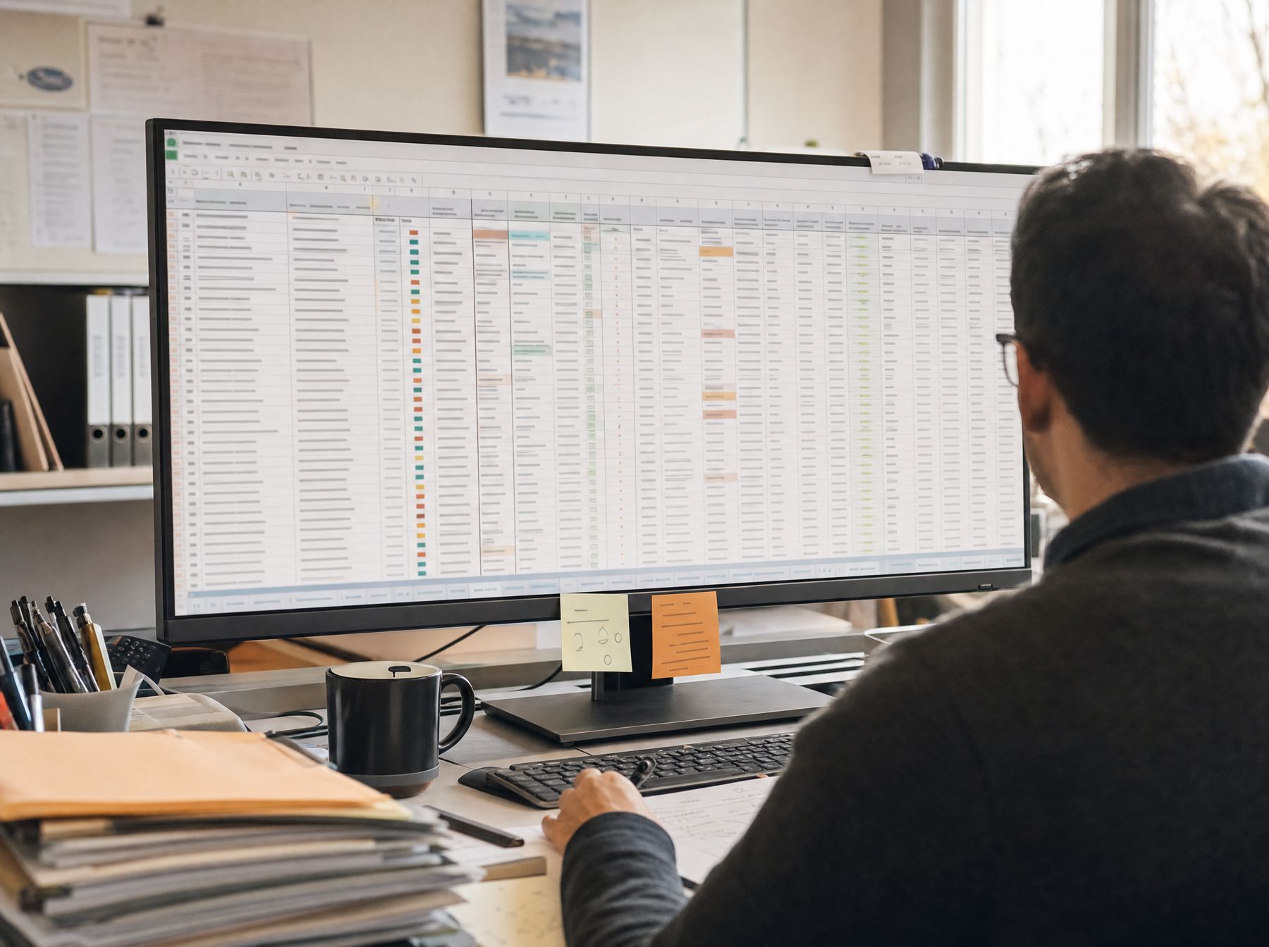 A crowded spreadsheet on a monitor with sticky notes on the bezel