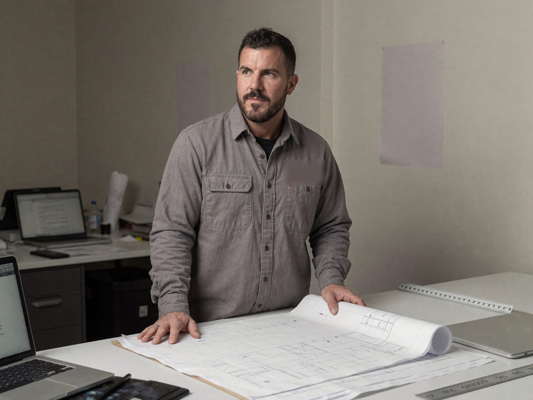An electrical estimator at a plan table with a large printed floor plan