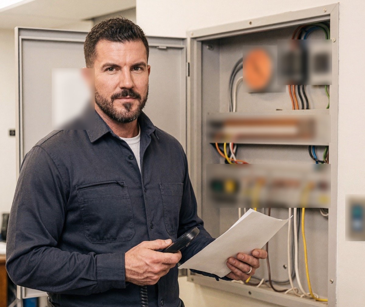 An electrical contractor in a charcoal work shirt holding a phone beside an open switchboard