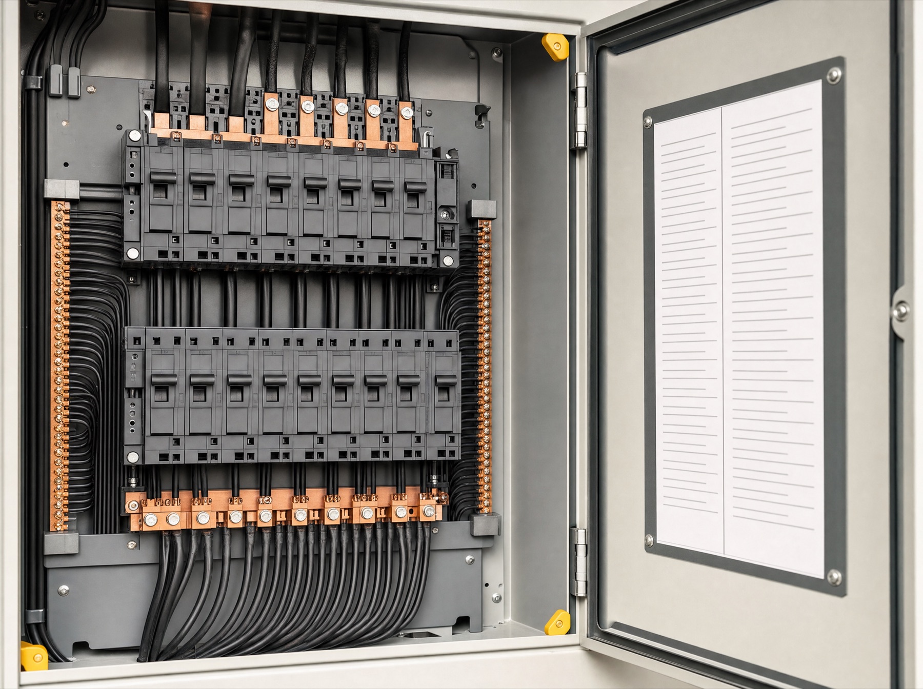 Neat commercial panel interior with a blank circuit directory card