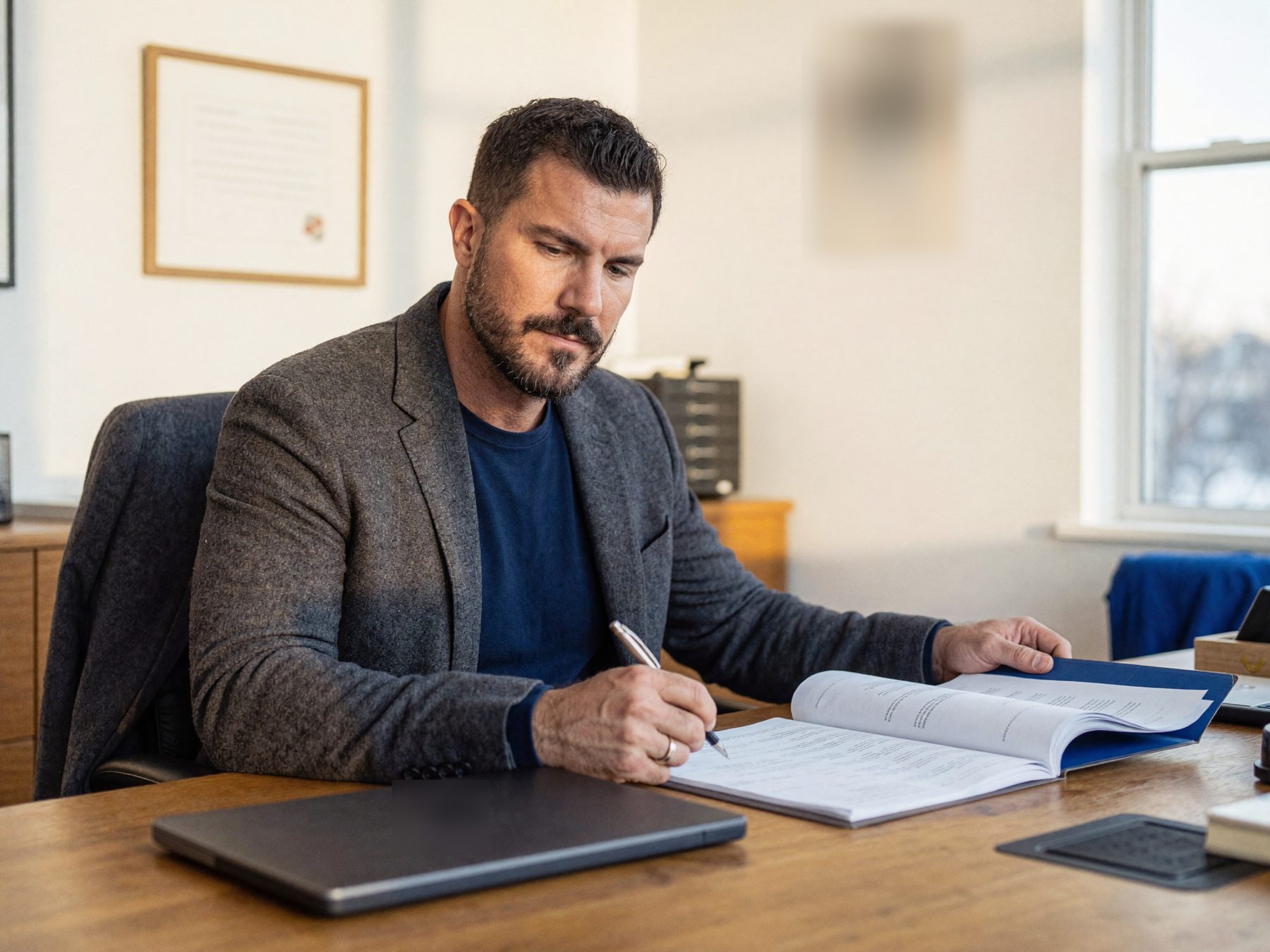 A bearded man in a charcoal blazer reviews a bound document at a walnut desk