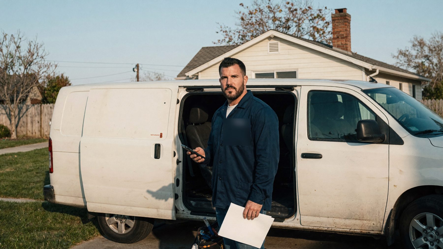 A service technician beside his van checking a new service request on his phone