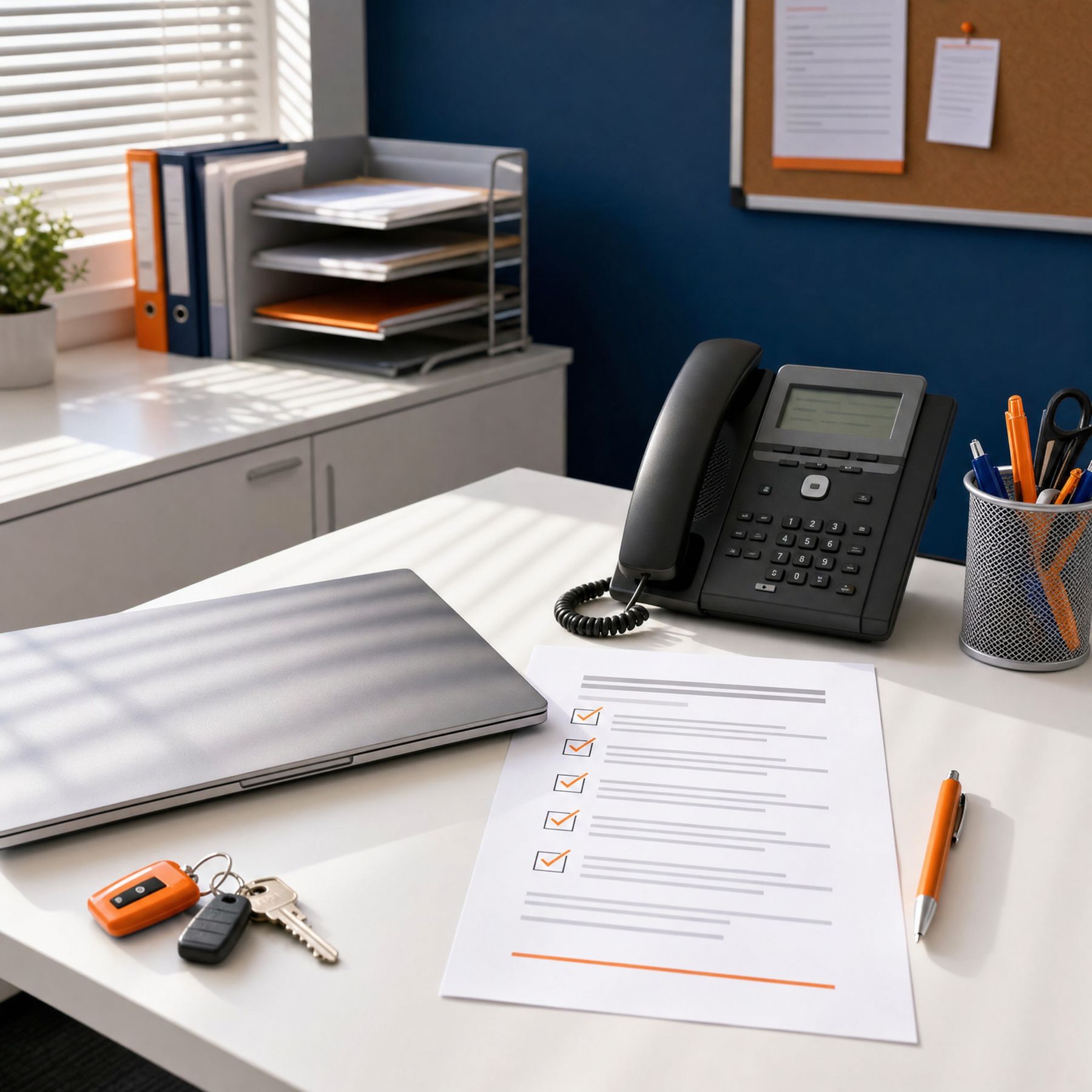 An orderly small-business office desk with a printed checklist, a desk phone and a closed laptop