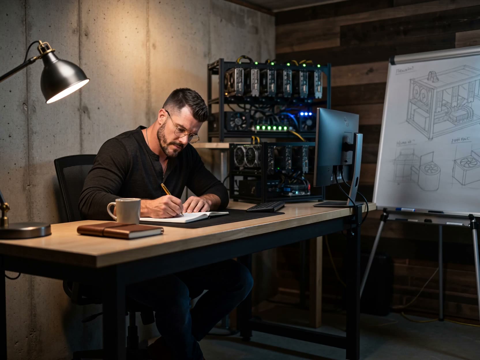 Mike Rodgers in the rig room: the operator, lit low against the rack