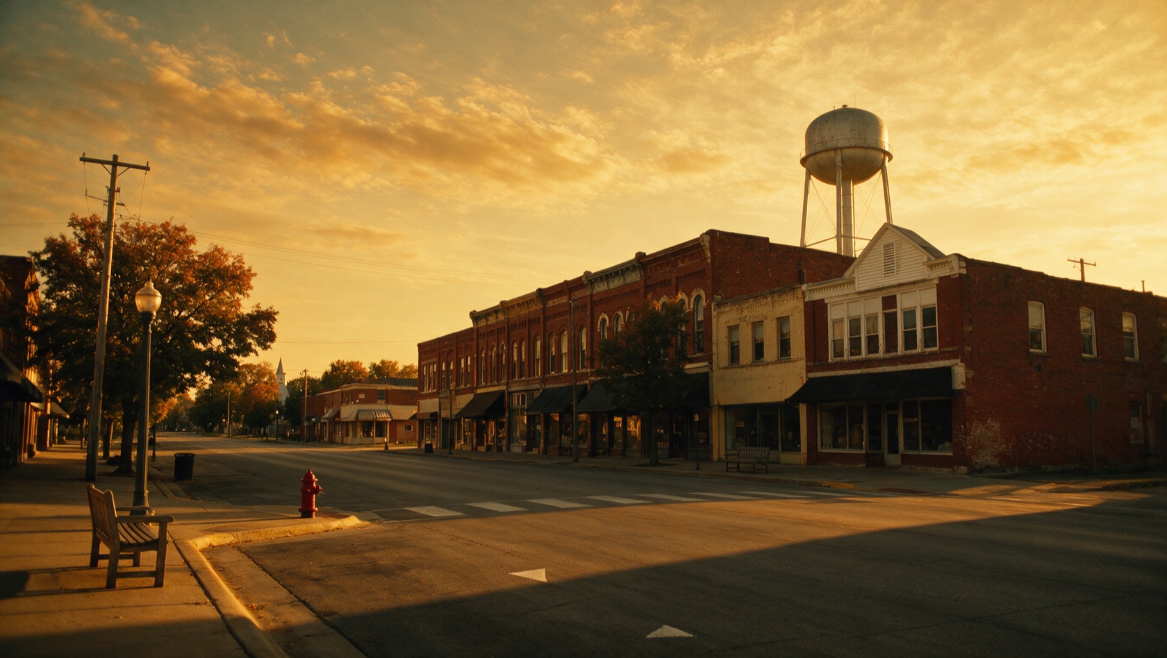 Oskaloosa, Iowa: the small-town main street at golden hour where Mike Rodgers grew up