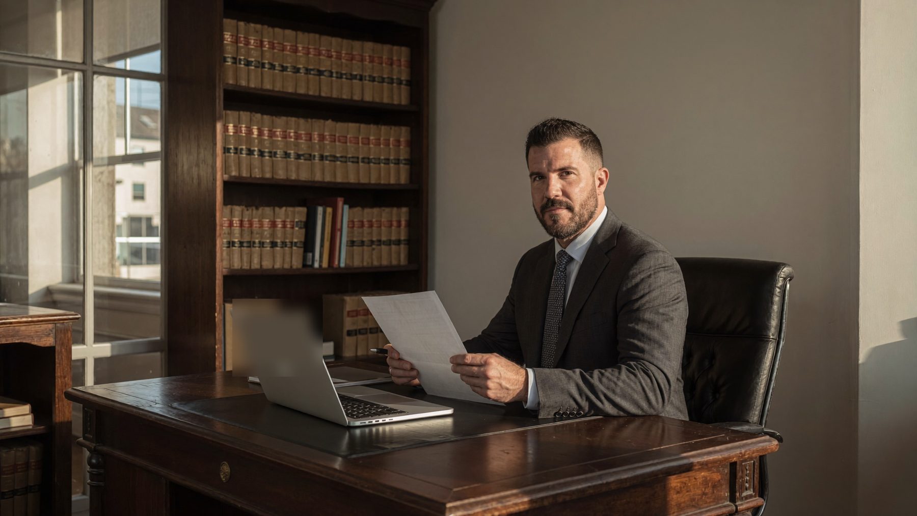 An attorney at a walnut desk reviewing a printed draft beside a laptop