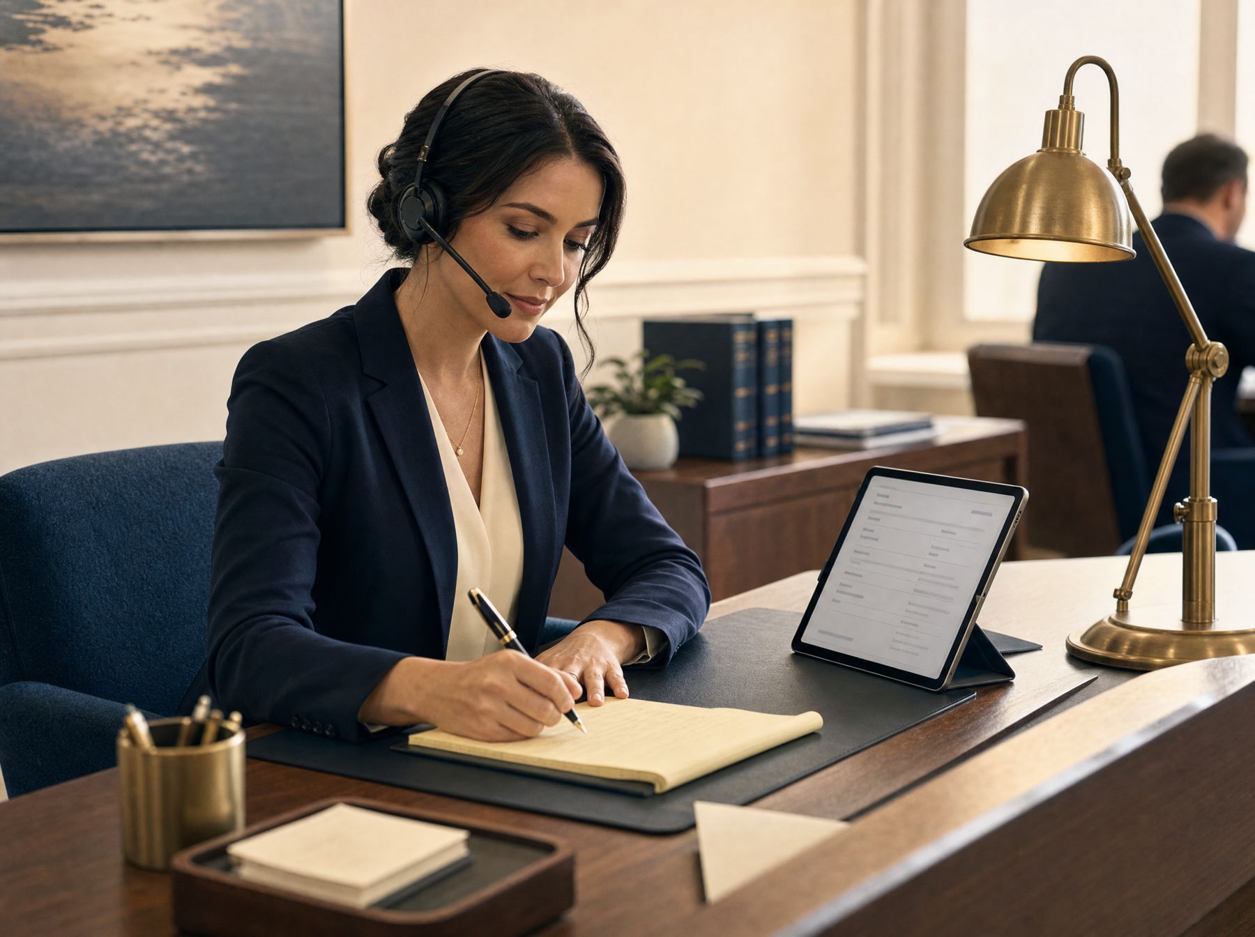 A paralegal at a front desk taking notes during a phone call