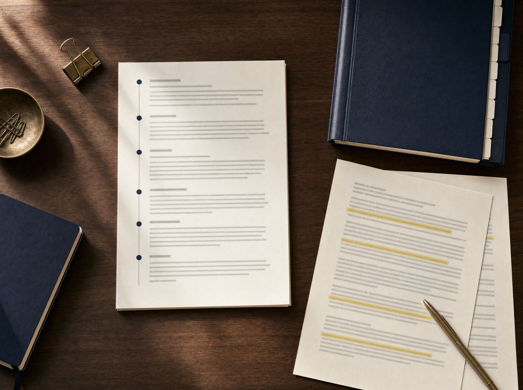 A printed deposition summary with a chronology and a tabbed binder
