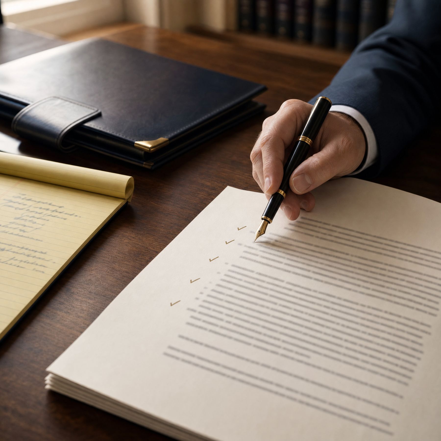 An attorney's hand with a fountain pen above a printed draft letter