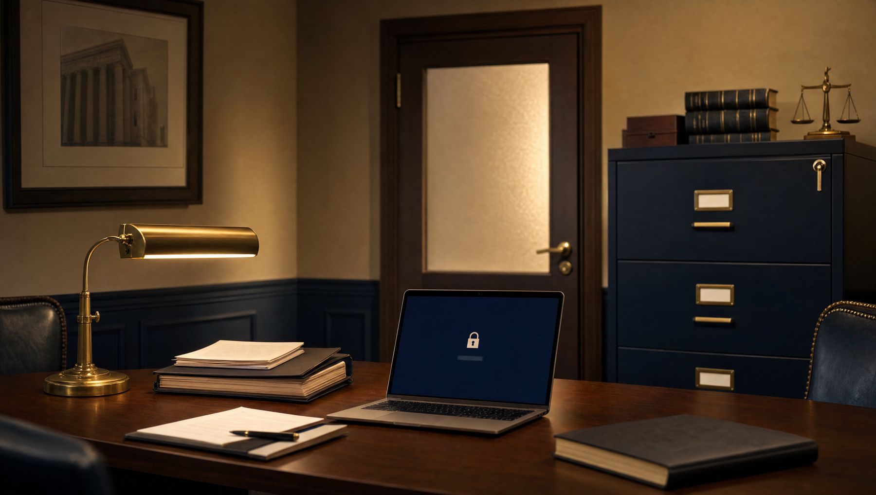A closed law firm conference room in the evening with a laptop on a lock screen