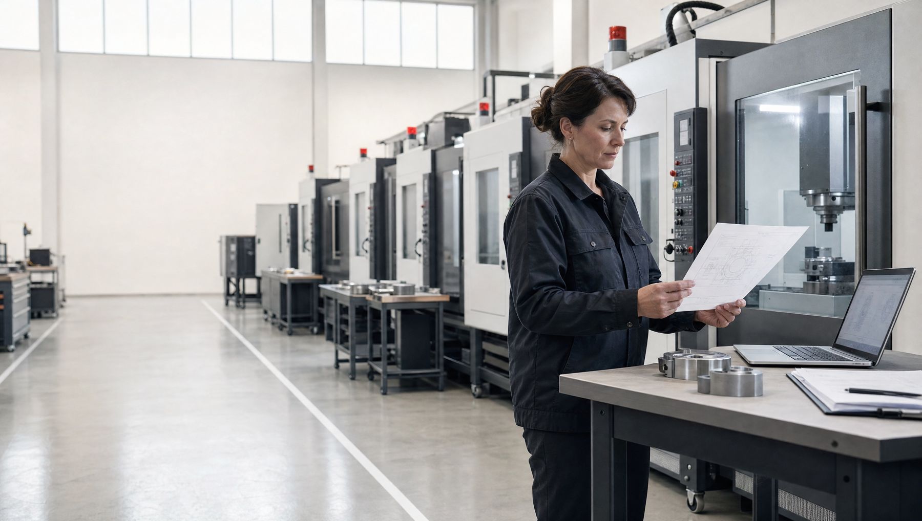 An operations lead reading a printed part drawing beside a row of machining centers in an orderly shop