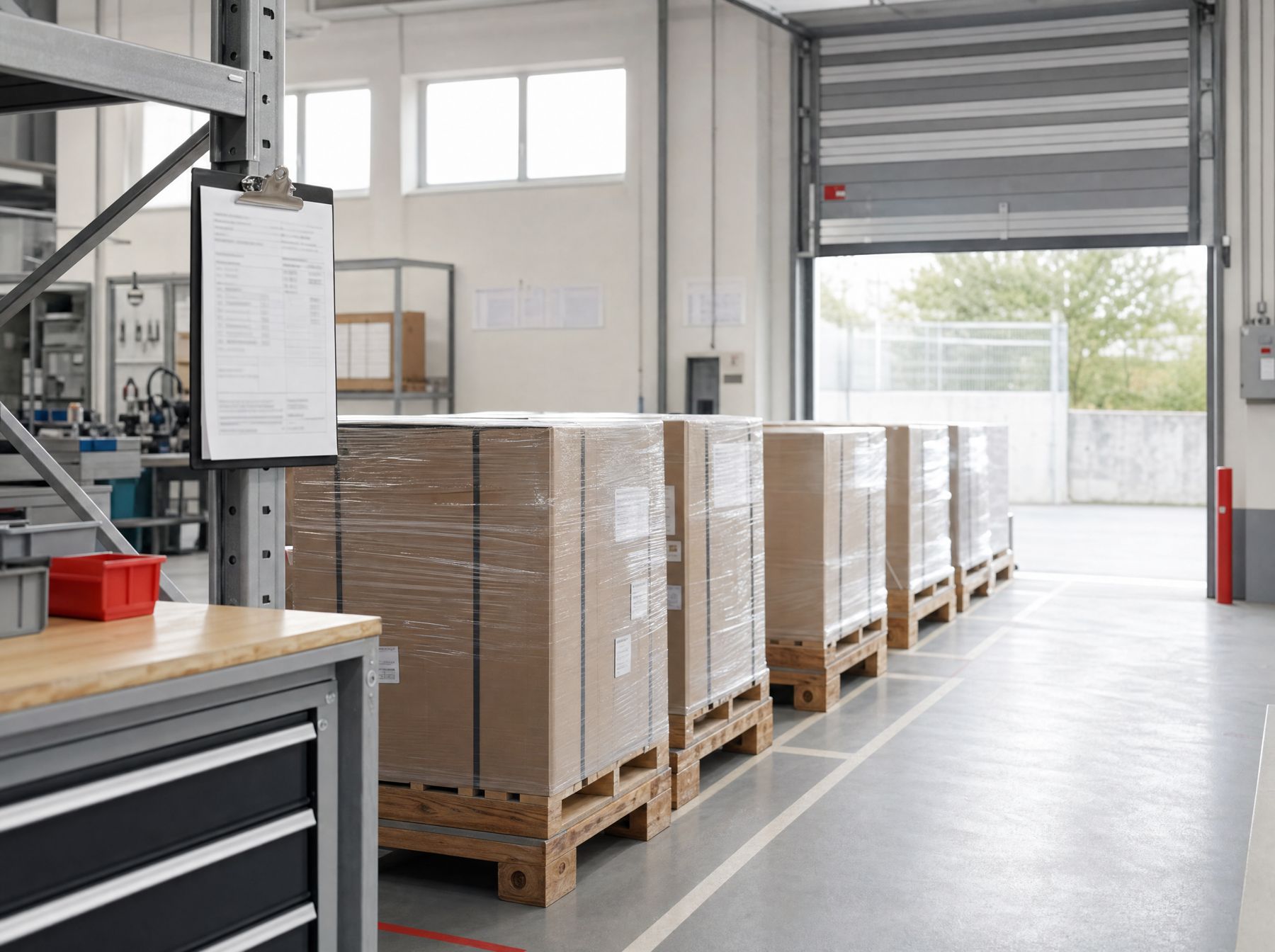 Wrapped pallets staged in marked lanes on an orderly shipping dock