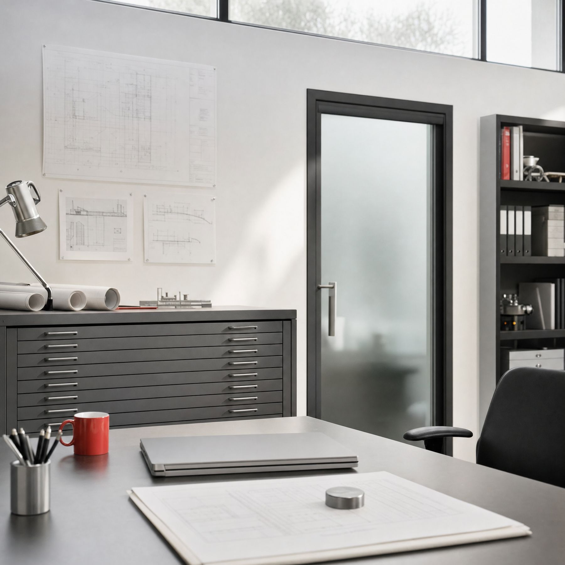 A private engineering office with a closed drawing cabinet and a folded drawing set under a steel paperweight