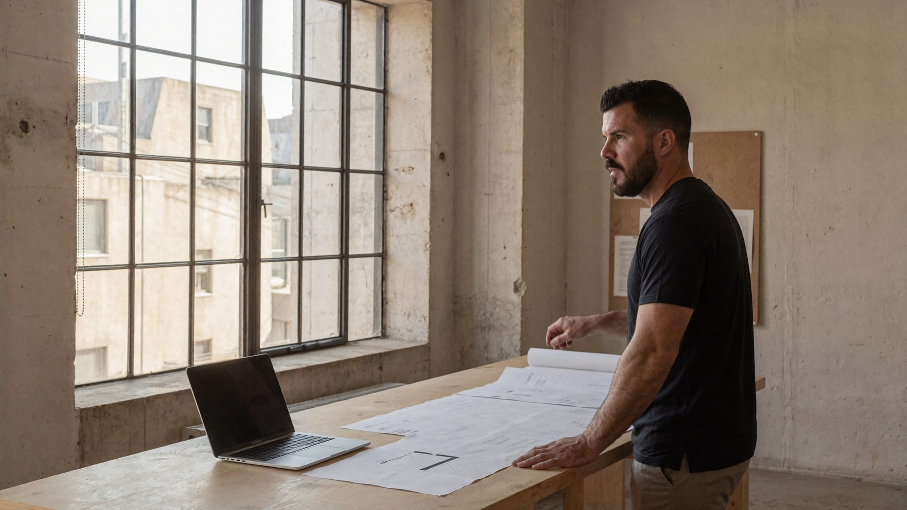 A managing partner studies a printed workflow map laid out on a long worktable in a daylight studio