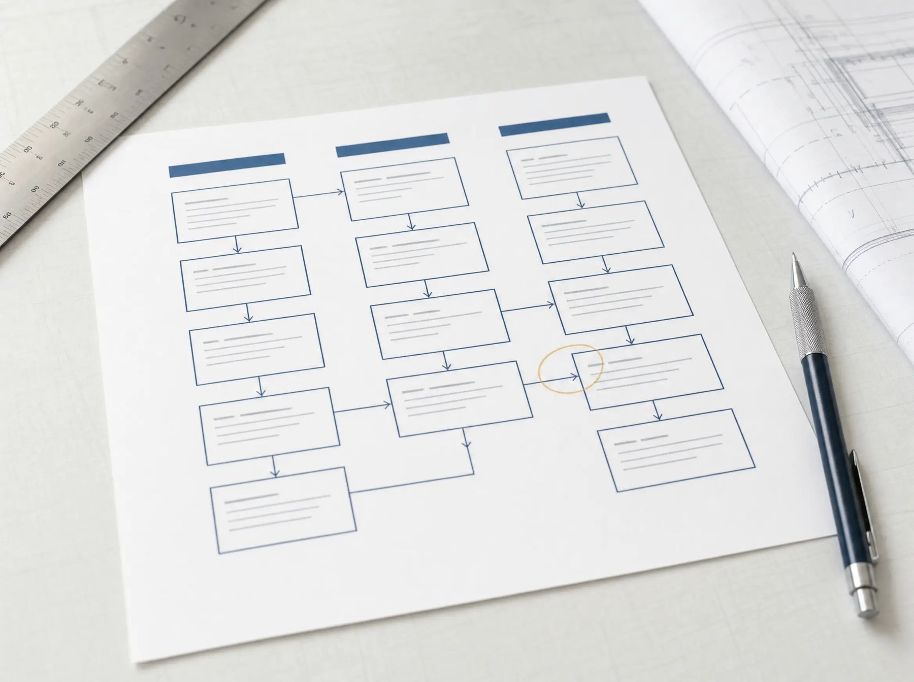 Overhead view of a printed workflow diagram with one handoff circled in amber pencil