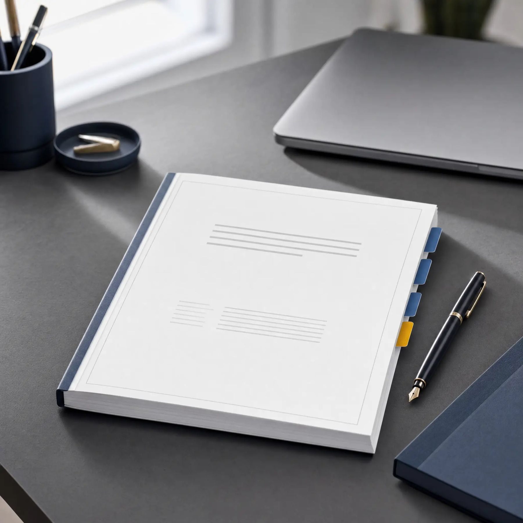 A bound written plan with colored index tabs on a slate desk beside a pen and a closed laptop
