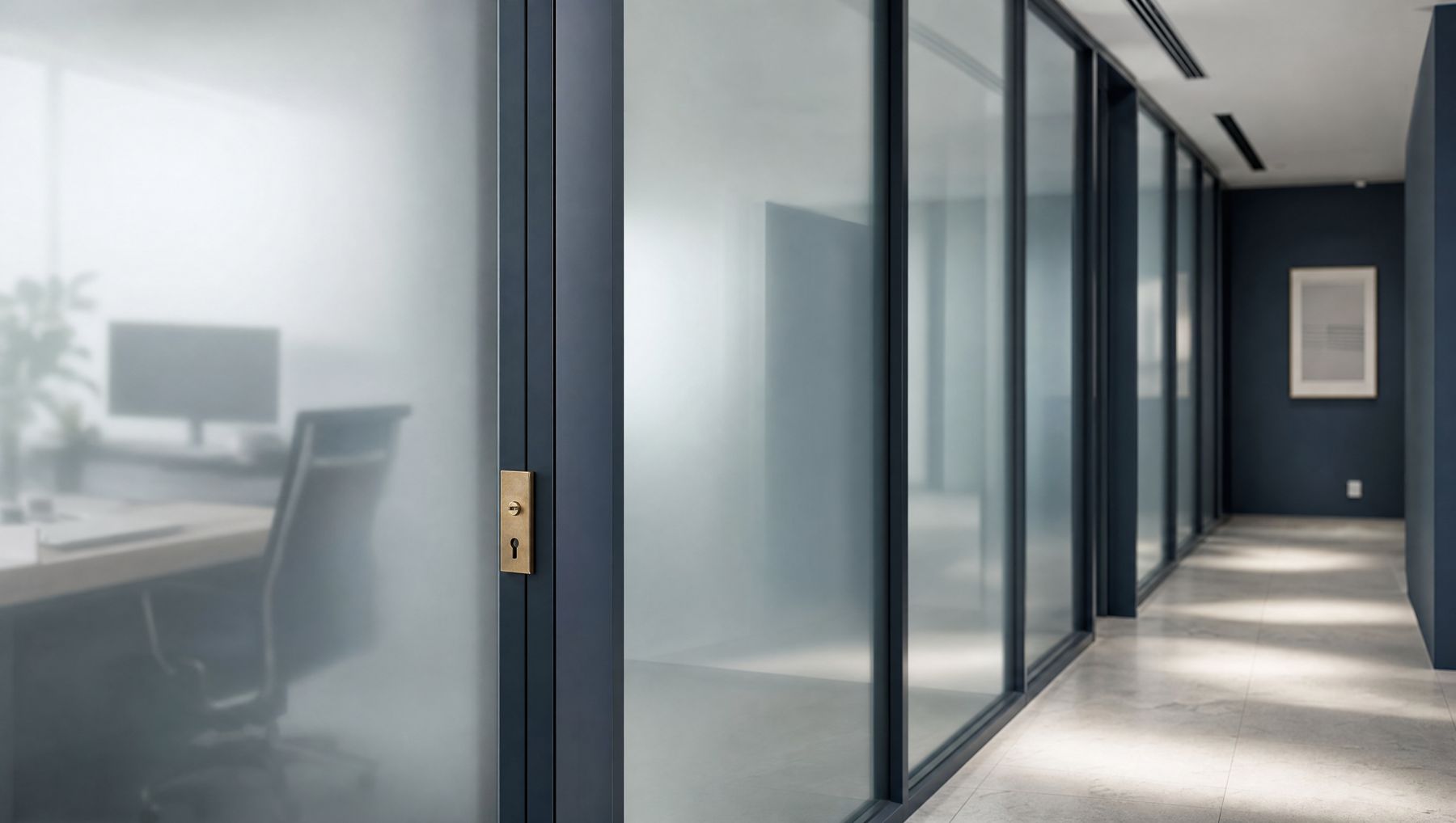 A corridor of frosted glass meeting rooms with one door closed and locked