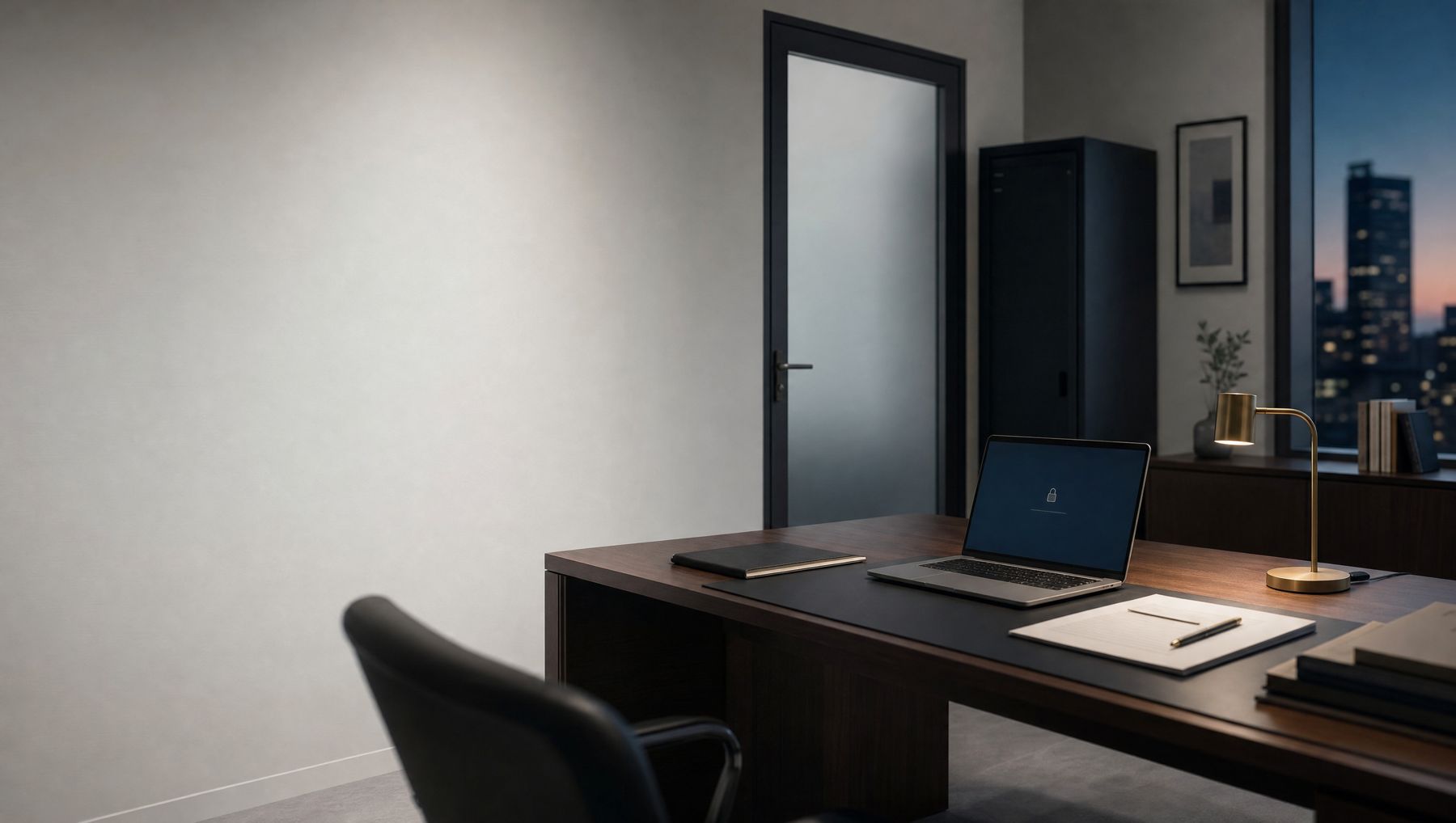 A quiet private office at dusk with a closed frosted glass door, a locked laptop screen and a closed server cabinet