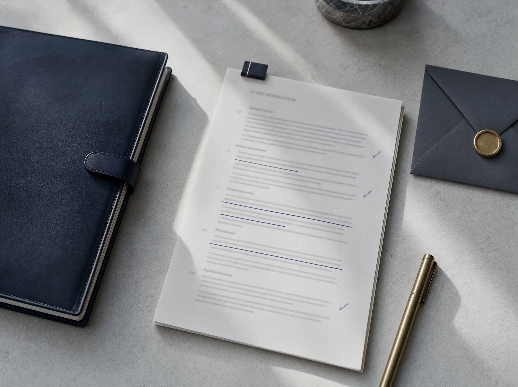 A printed scope memorandum with navy underlines and check marks beside a closed leather folder
