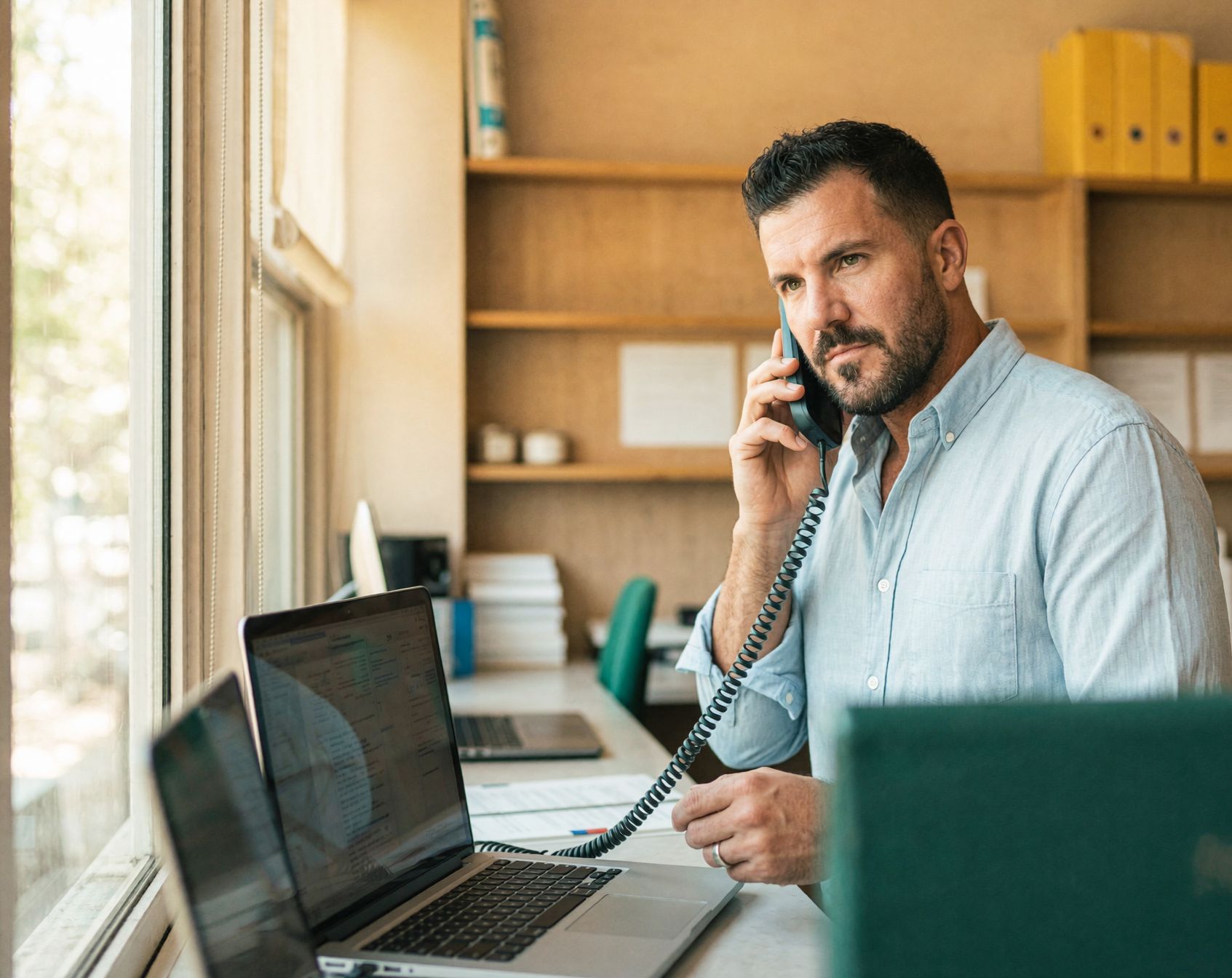 A firm owner on a call at a window desk