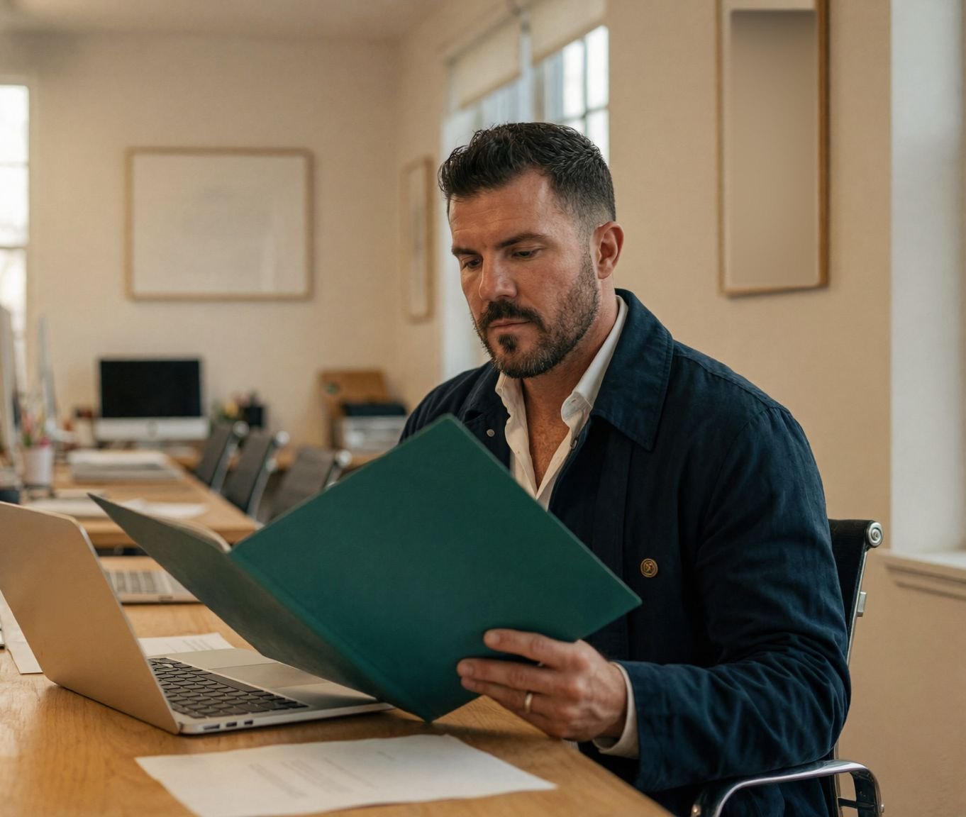 A firm owner at an oak desk reading a teal client folder