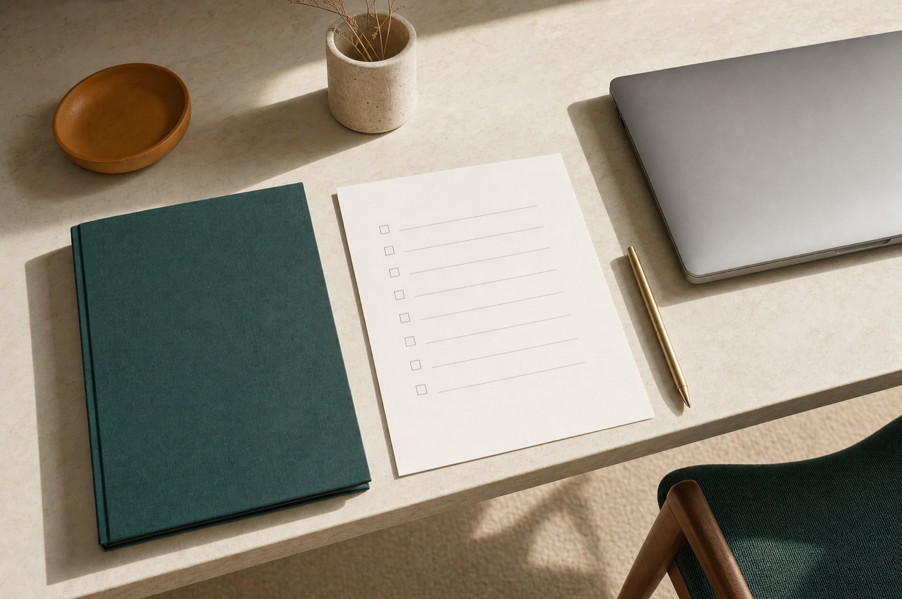 A closed teal folder and a blank checklist on a stone desk