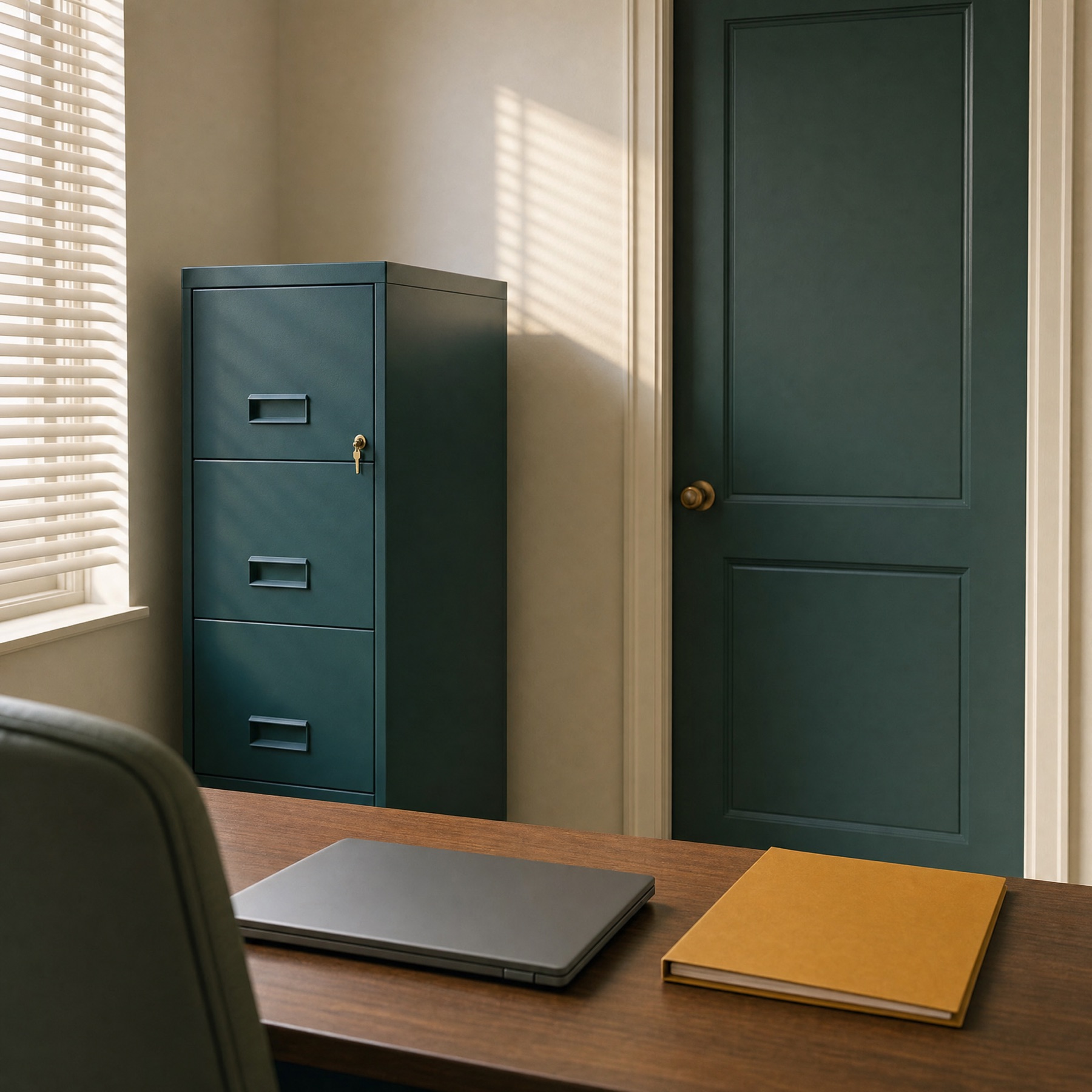 A closed teal file cabinet with a key in its lock