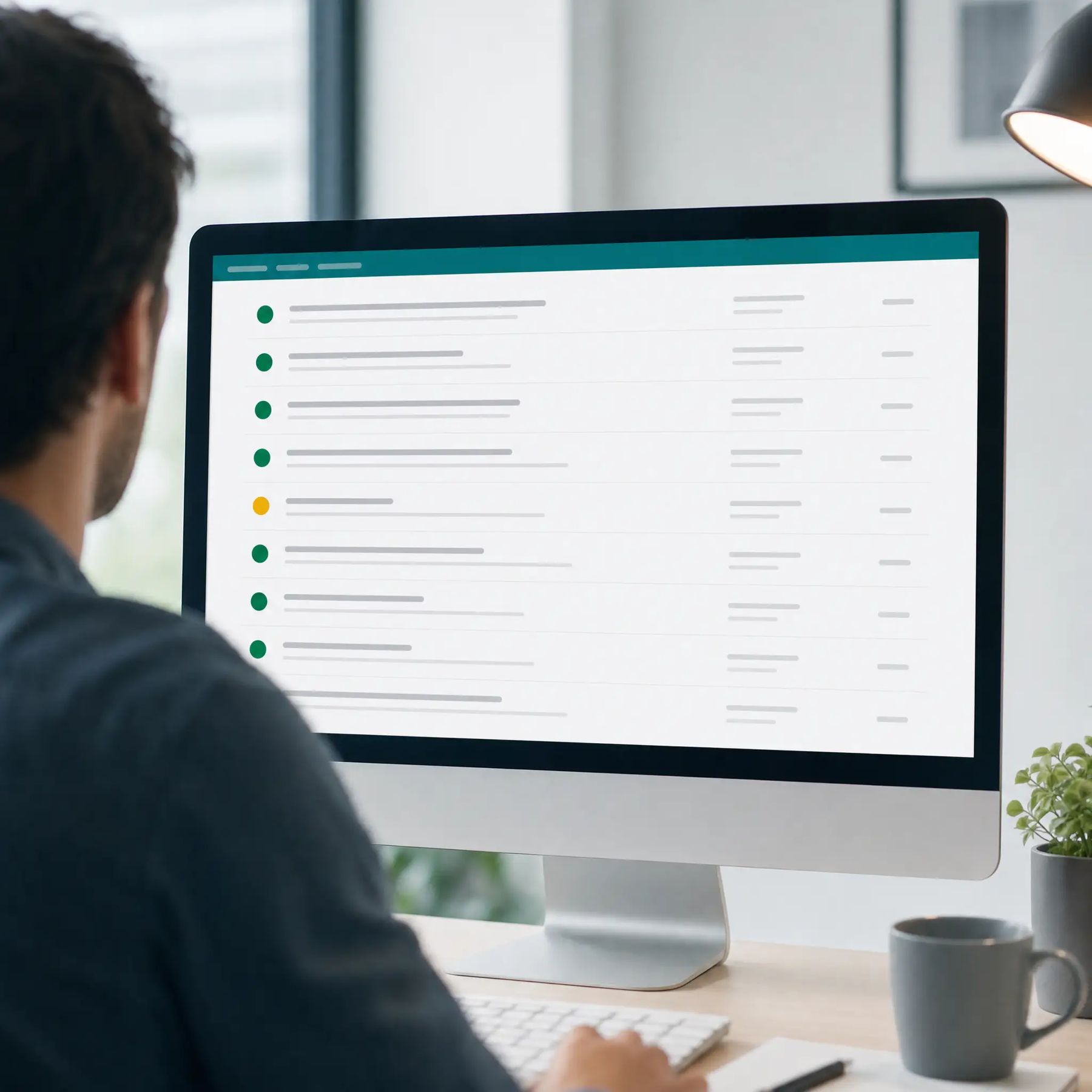 A monitor showing a checklist with green checks and one amber