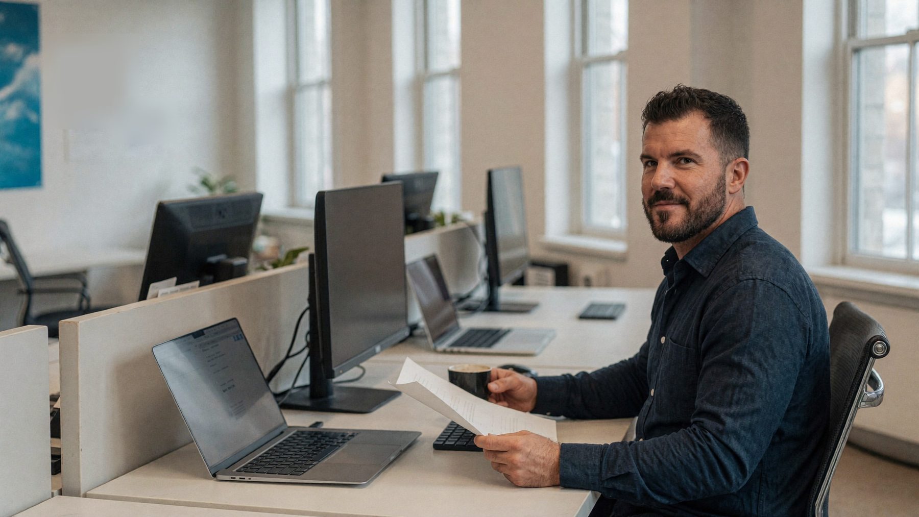 An operations director at a clean desk reviewing a records table with status dots on a large monitor